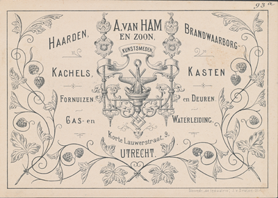 711227 Visitekaart van A. van Ham & Zoon, Kunstsmeden, Haarden, Kachels, Brandwaarborgkasten, Fornuizen, Deuren, Gas- ...